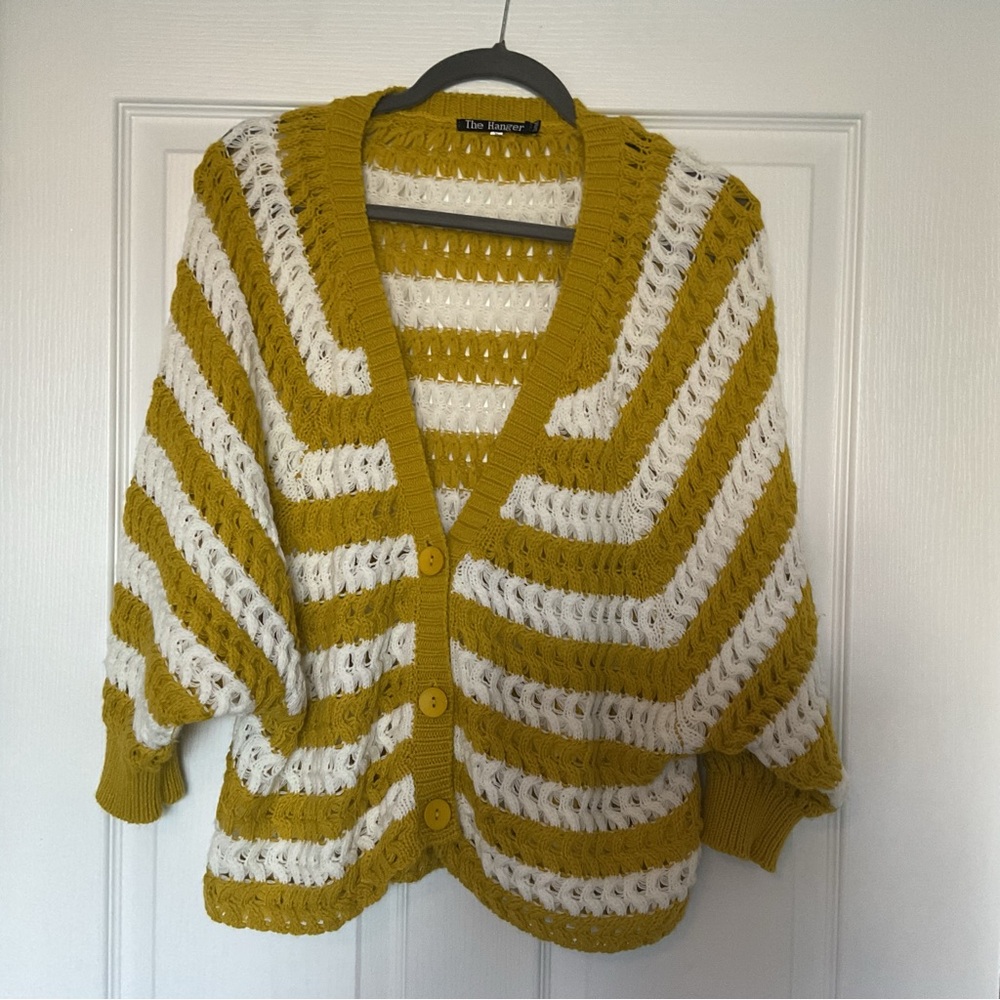 The Hanger Mustard and White Striped Open-Weave Cardigan